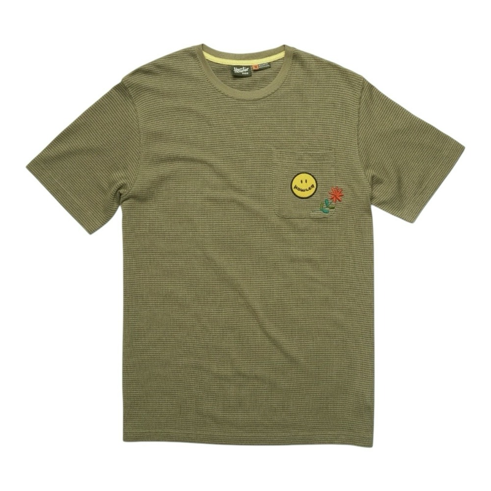 Howler Brothers Jacquard Mens  Pocket Tee Olive Green Stripe Smiley Flower